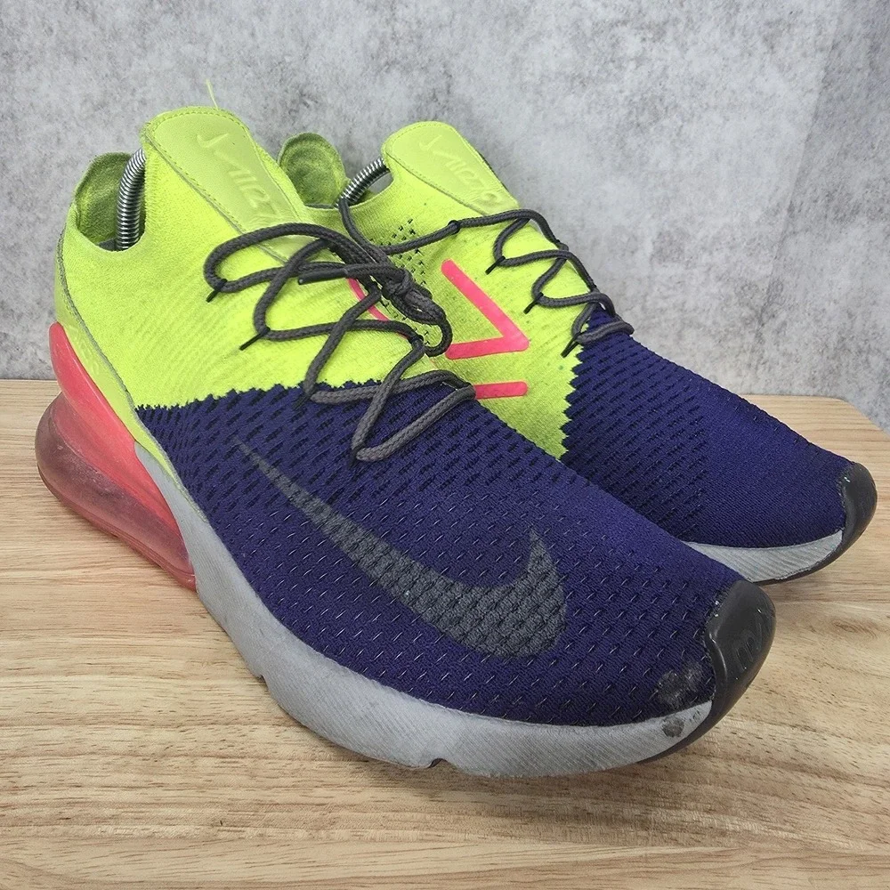 Nike Air Max 270 Flyknit Running Shoes Men 9.5 Regency Purple Volt Pink Sneakers